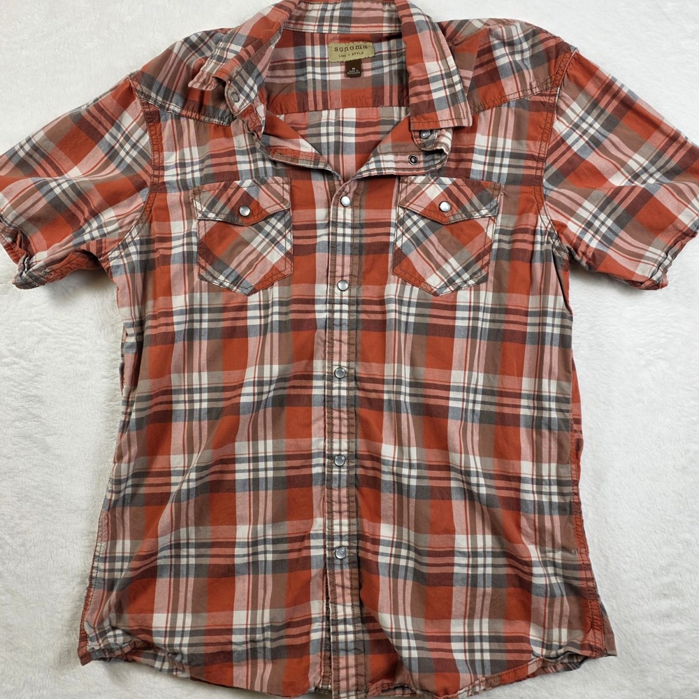 Sonoma Life Shirt Mens Medium Orange Plaid Excellent Western Snap Front